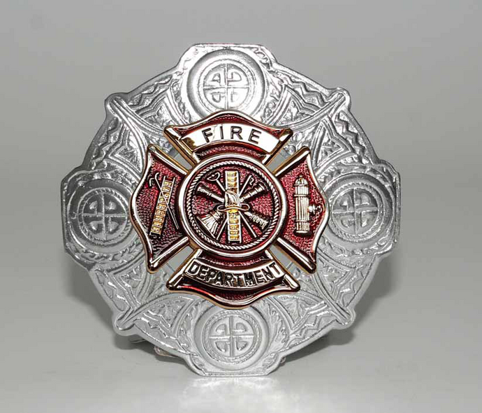 Fire Department Plaid Brooch - Chrome/Gilt/Red