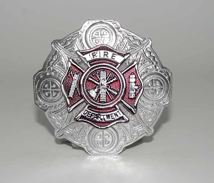 Fire Department Plaid Brooch - Chrome/Red